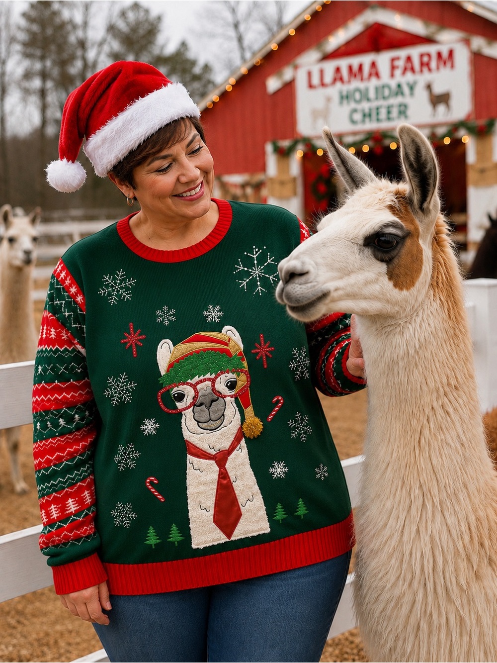 Tacky Ugly Christmas Sweater Llama Wearing Hat Glasses Necktie Unisex Sz XXL